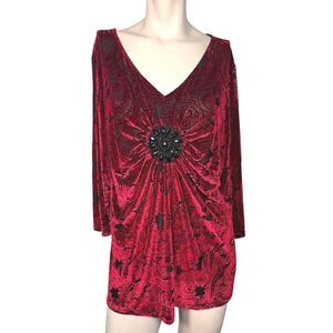 LeeBe Woman 2X Red Burnout Velvet Paisley Blouse Embellished Long Sleeve Top